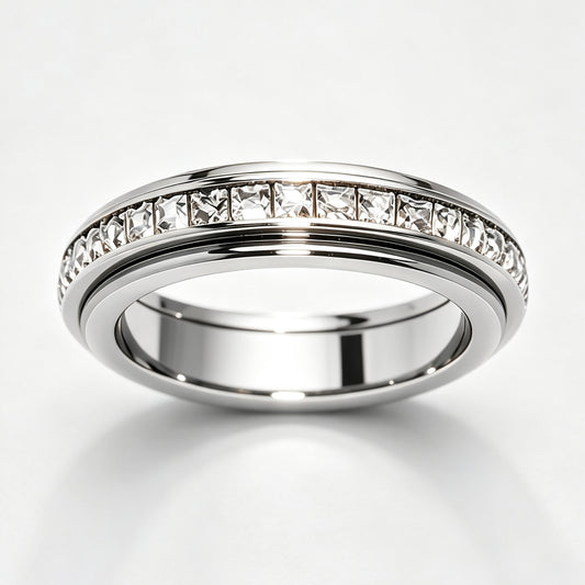 Titanium Steel Spinner Fidget Ring for Men Women, Cubic Zirconia Anxiety Stress Relief Promise Wedding Band