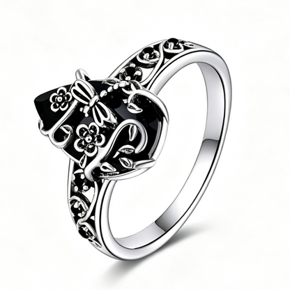 Titanium Steel Natural Obsidian Ring, Vintage Floral Black Stone Jewelry for Men & Women
