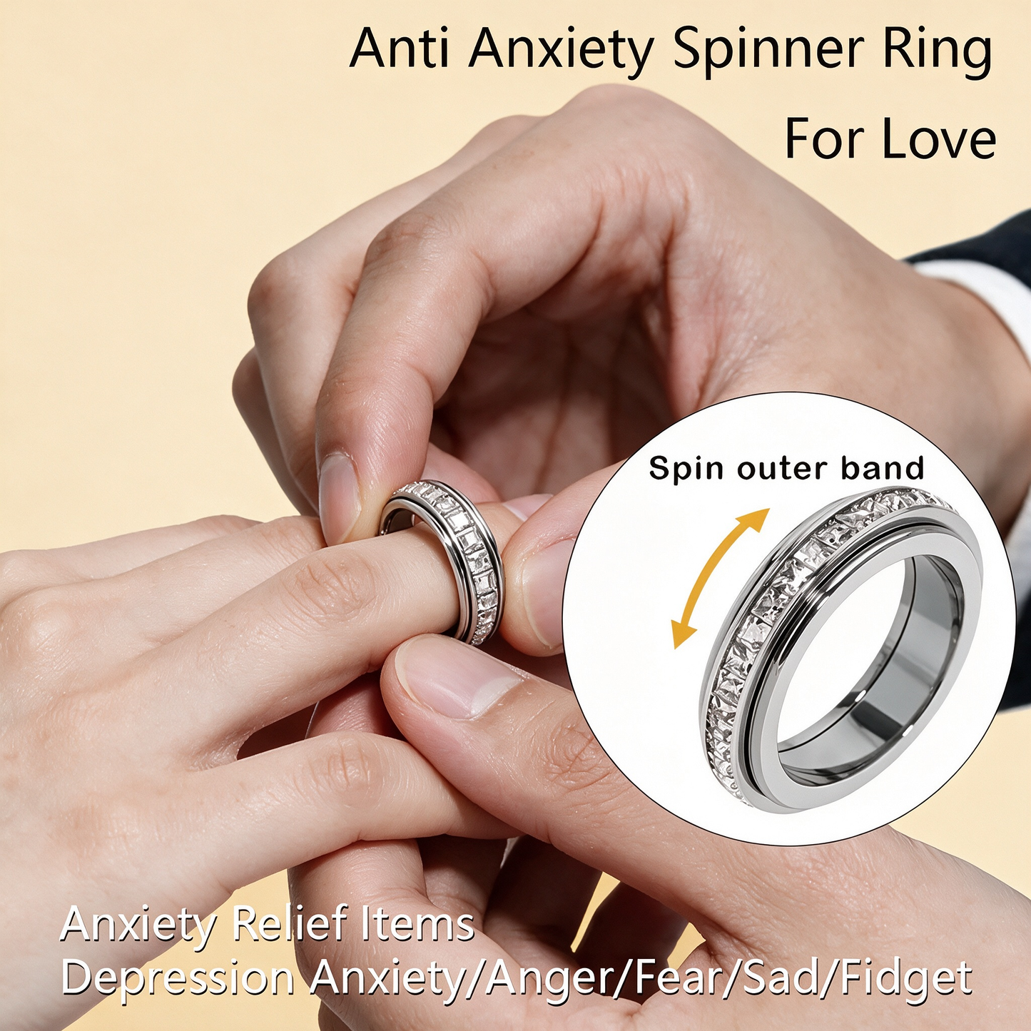 Titanium Steel Spinner Fidget Ring for Men Women, Cubic Zirconia Anxiety Stress Relief Promise Wedding Band