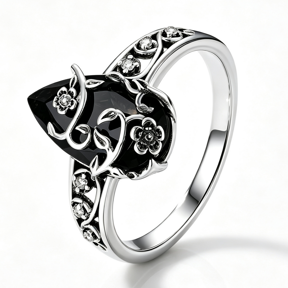 Titanium Steel Natural Obsidian Ring, Vintage Floral Black Stone Jewelry for Men & Women