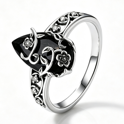 Titanium Steel Natural Obsidian Ring, Vintage Floral Black Stone Jewelry for Men & Women
