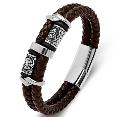 Viking Double Braided Leather Bracelet – 316L Stainless Steel Clasp | Men & Women