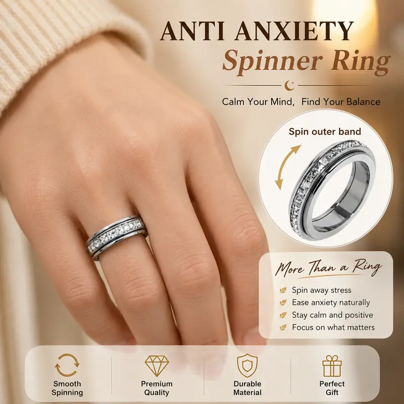 Titanium Steel Spinner Fidget Ring for Men Women, Cubic Zirconia Anxiety Stress Relief Promise Wedding Band