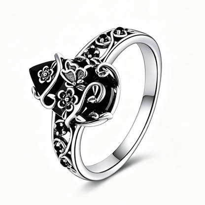 Titanium Steel Natural Obsidian Ring, Vintage Floral Black Stone Jewelry for Men & Women