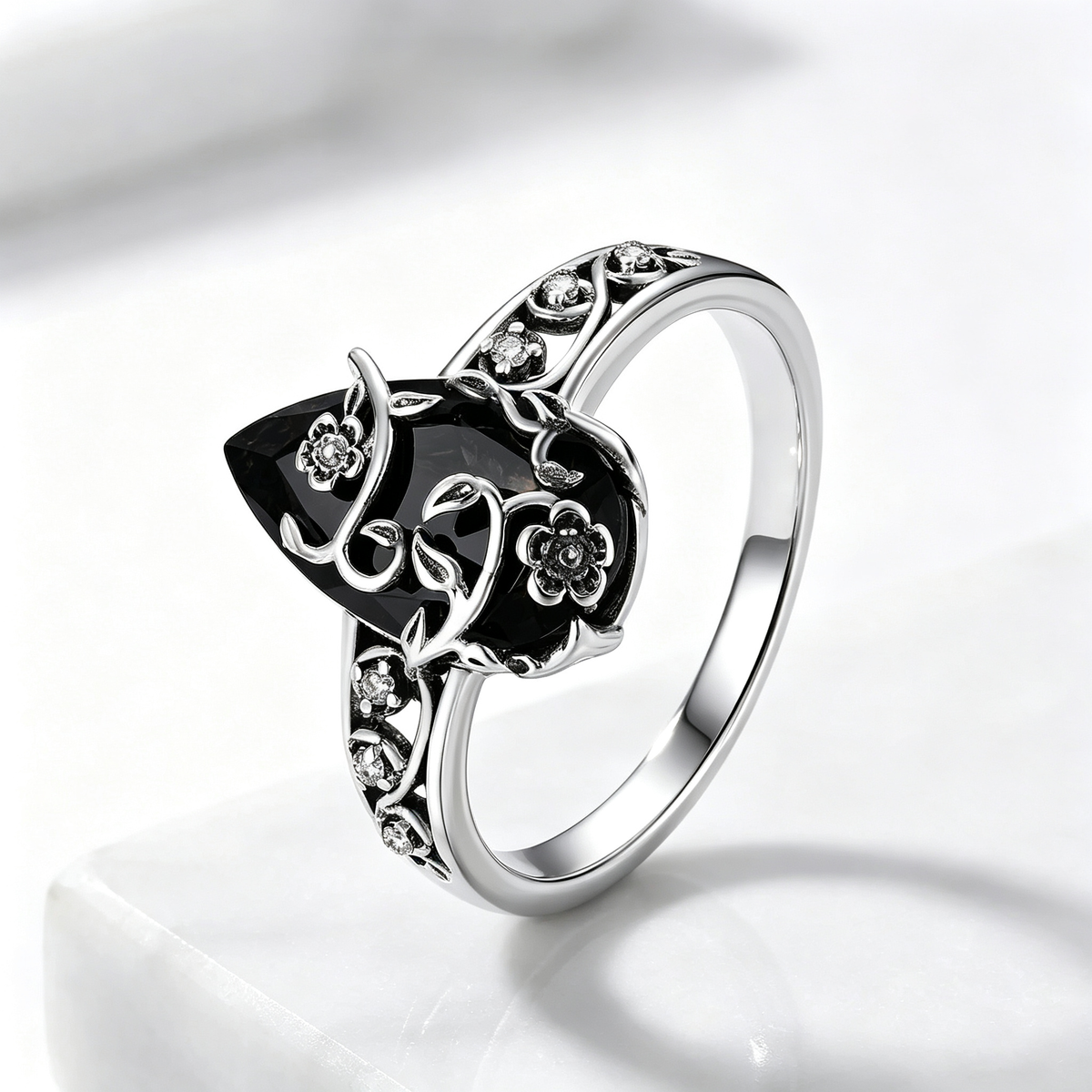Titanium Steel Natural Obsidian Ring, Vintage Floral Black Stone Jewelry for Men & Women