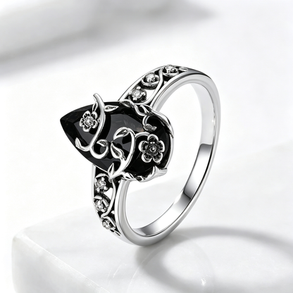 Titanium Steel Natural Obsidian Ring, Vintage Floral Black Stone Jewelry for Men & Women