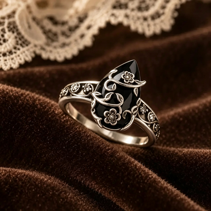 Titanium Steel Natural Obsidian Ring, Vintage Floral Black Stone Jewelry for Men & Women