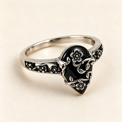 Titanium Steel Natural Obsidian Ring, Vintage Floral Black Stone Jewelry for Men & Women