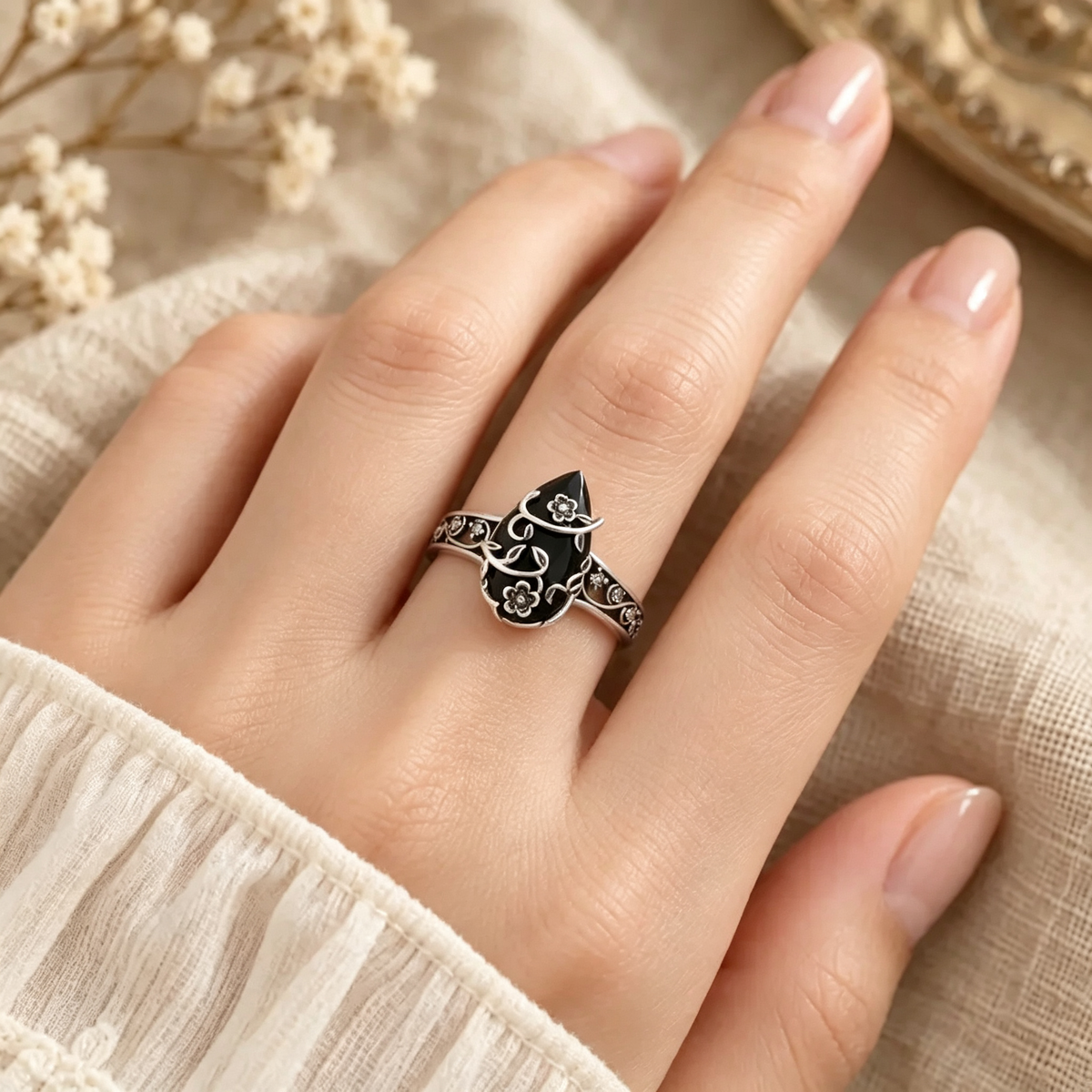 Titanium Steel Natural Obsidian Ring, Vintage Floral Black Stone Jewelry for Men & Women