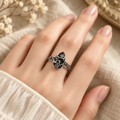 Titanium Steel Natural Obsidian Ring, Vintage Floral Black Stone Jewelry for Men & Women