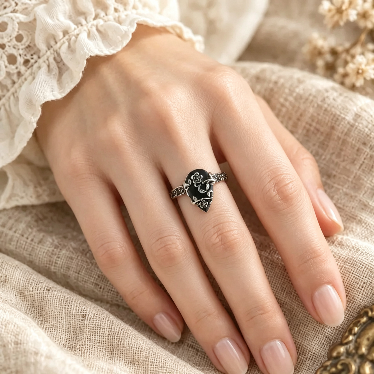 Titanium Steel Natural Obsidian Ring, Vintage Floral Black Stone Jewelry for Men & Women