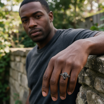 Titanium Steel Natural Obsidian Ring, Vintage Floral Black Stone Jewelry for Men & Women