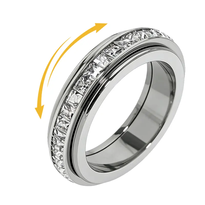 Titanium Steel Spinner Fidget Ring for Men Women, Cubic Zirconia Anxiety Stress Relief Promise Wedding Band