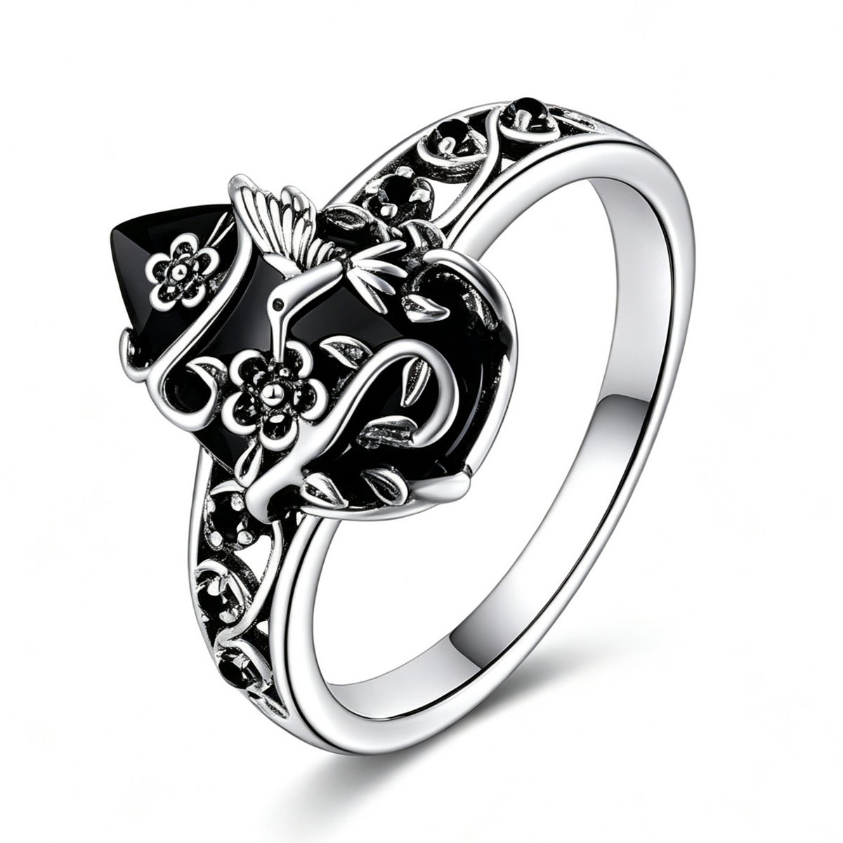 Titanium Steel Natural Obsidian Ring, Vintage Floral Black Stone Jewelry for Men & Women