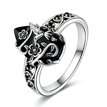 Titanium Steel Natural Obsidian Ring, Vintage Floral Black Stone Jewelry for Men & Women